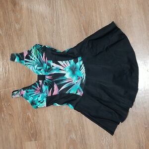 (S) Tropical Print Swimdress Beach One Piece Swimsuit Pool Water Play Vacation